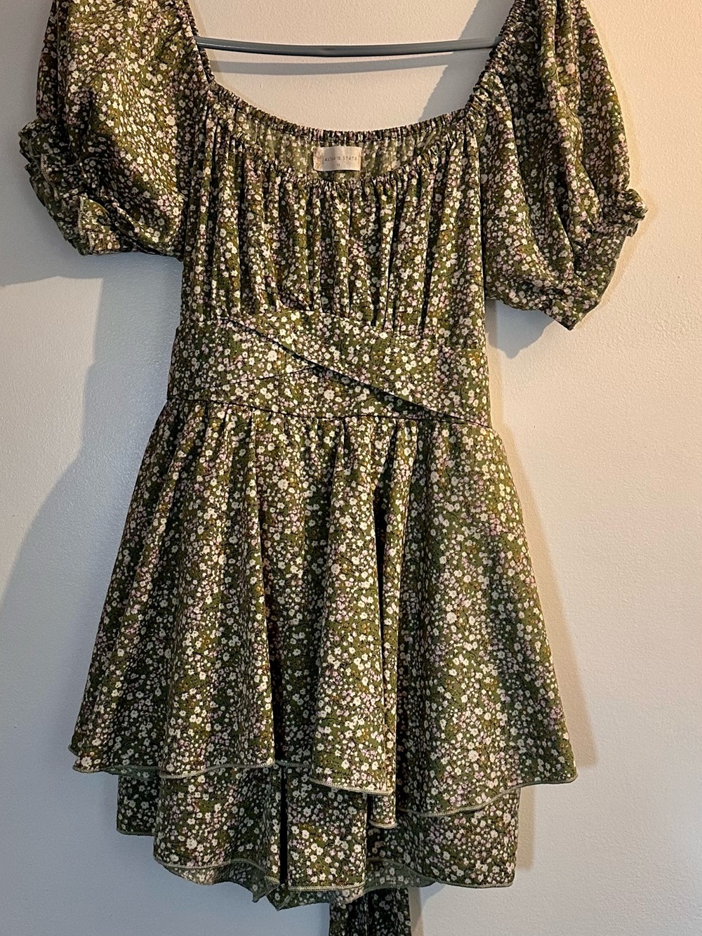 Altar'd State Olive Green Floral Puff-Sleeve Tiered Romper
